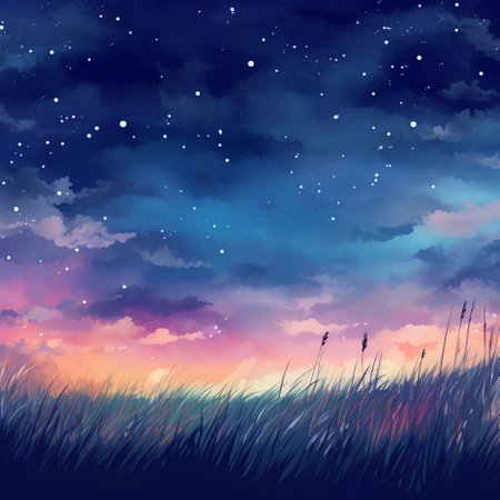 Night sky background with clouds and grass. Vector illustration. Eps 10の素材
