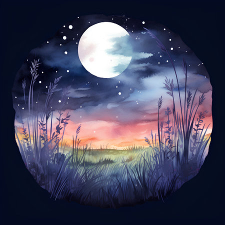 Watercolor night landscape with grass and moon. Hand drawn illustration.の素材