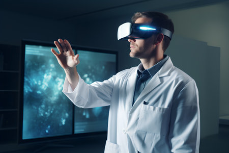Young male doctor in white coat wearing virtual reality goggles. 3D renderingの素材