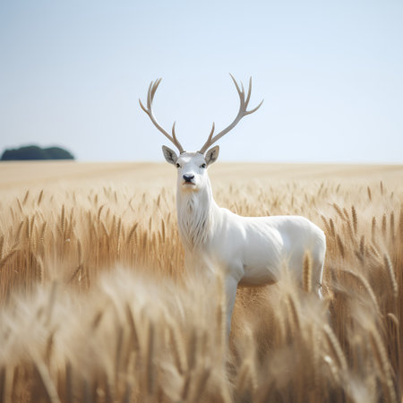 White deer with antlers in a wheat field in summertime.の素材