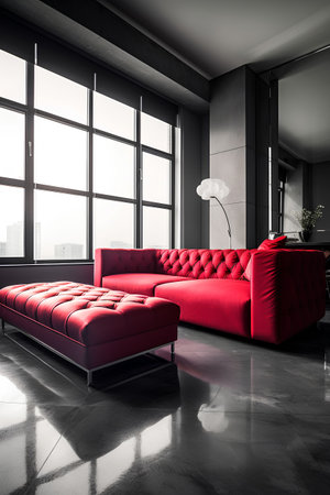 Modern living room interior with red sofa and city view. 3D Renderingの素材