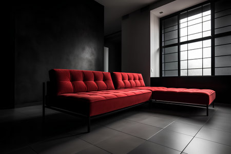 Red sofa in a dark room with a large window. 3d renderingの素材