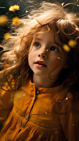 Beautiful little girl with long curly hair and yellow flowers. Spring.の素材