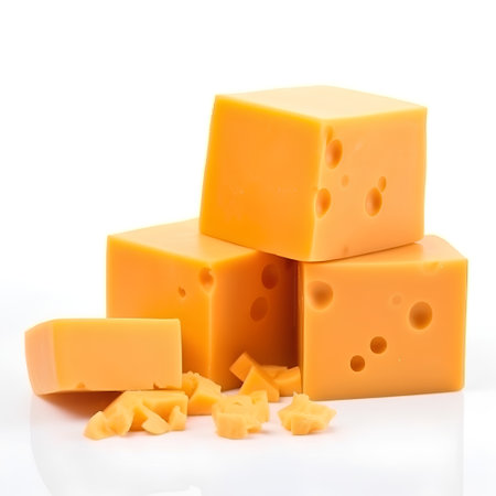 Cheese cubes on white background. Isolated on a white backgroundの素材