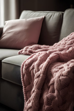 Cozy living room with sofa and pink pillows. Toned.の素材