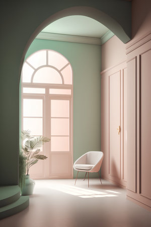 Interior of modern bathroom with green walls, concrete floor, comfortable white bathtub and round window. 3d renderの素材