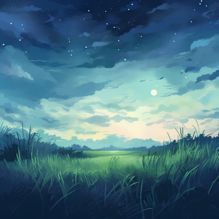 Green meadow at night with full moon and stars. Vector illustration.の素材