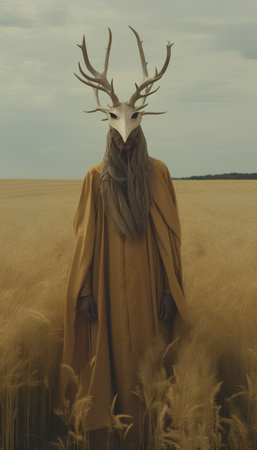 Man with deer horns on his head in golden wheat field. Halloween concept.の素材