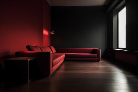 Red living room interior with a red sofa and a table. 3d renderingの素材