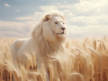 Lion in the field of golden wheat under blue sky with cloudsの素材