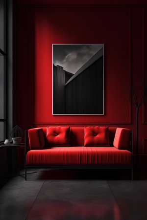 Interior of modern living room with red sofa 3D Illustrationの素材