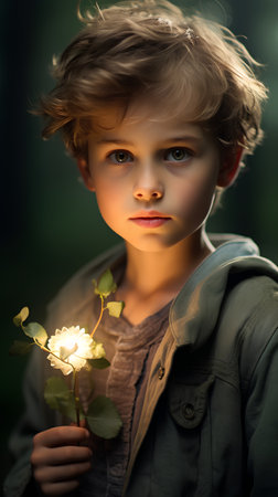 Portrait of a cute little boy with a flower in his hand.の素材