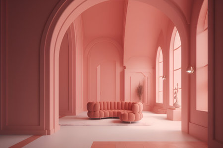 Interior of modern living room with red walls, carpet, pink sofa and window. 3d renderingの素材