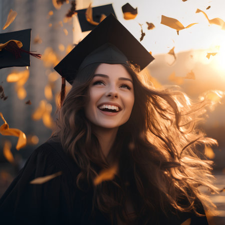 Beautiful happy girl in graduation cap and gown with falling leaves.の素材