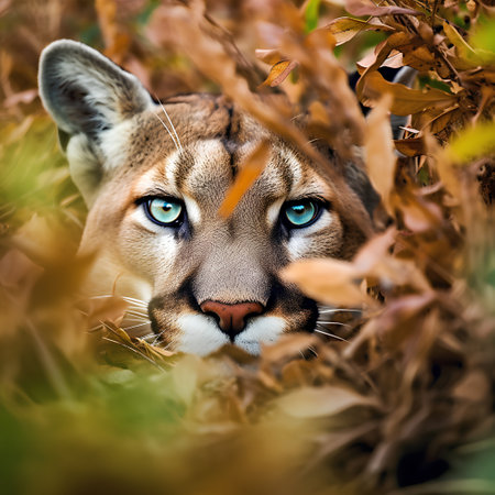 Portrait of a cougar (Puma concolor) in the autumn forest.の素材