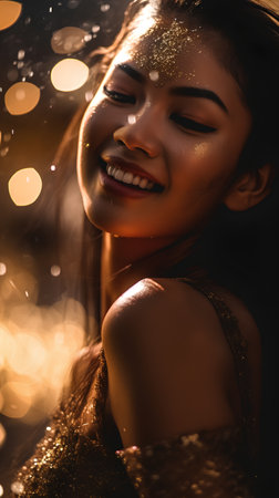 Portrait of a beautiful asian woman smiling and looking away at nightの素材