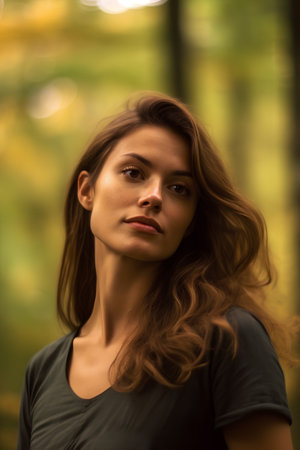 Portrait of a beautiful young woman with long brown hair in the autumn parkの素材