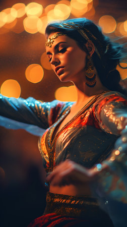 Beautiful oriental woman in ethnic costume dancing at night club.の素材