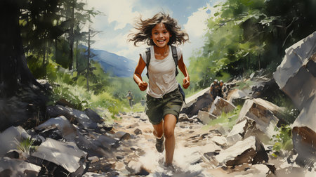 Digital painting of a young woman hiker walking in the forest.の素材