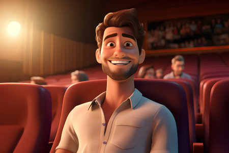 Young man in the movie theater. 3d rendering, 3d illustration.の素材