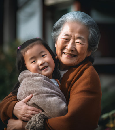 Grandmother and granddaughter hugging and smiling in the garden. Asian family concept.の素材