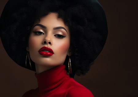 Beautiful african american woman with afro hairstyle and red lipsの素材