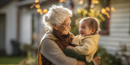 Portrait of a happy grandmother with her granddaughter in the garden.の素材