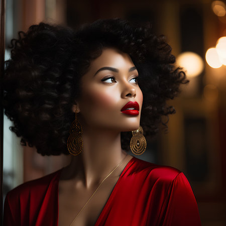 Beautiful african american woman with afro hairstyle and red lipsの素材
