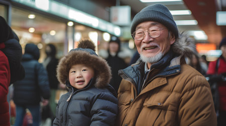 Asian grandfather and grandson in the city at winter time. Happy family concept.の素材