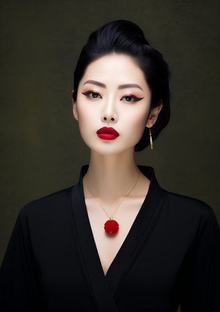 Portrait of beautiful young asian woman with red lips and necklaceの素材