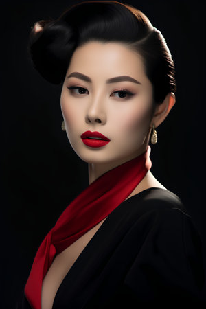 Portrait of beautiful asian woman with red silk scarf on black backgroundの素材