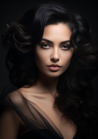 Portrait of beautiful woman with long curly hair. Fashion photo.の素材