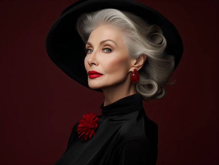 Portrait of a beautiful senior woman in black hat. Beauty, fashion.の素材