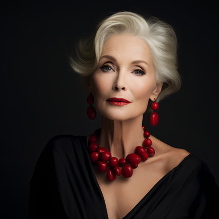 Fashionable portrait of beautiful senior woman with red beads on black backgroundの素材