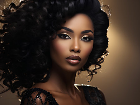 Beautiful african american woman with curly hairstyle and evening make upの素材