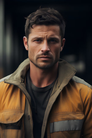 Portrait of a handsome young man in a yellow jacket. Men's beauty, fashion.の素材