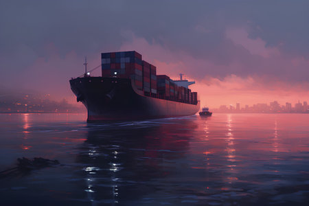Cargo ship in the sea at sunset. 3D rendering.の素材