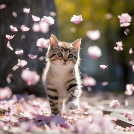 Cute little kitten playing with pink cherry blossom petals outdoorsの素材