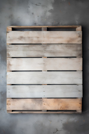 Wooden box on concrete background, top view, copy space.の素材