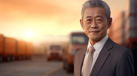 portrait of asian senior businessman standing in front of cargo truckの素材