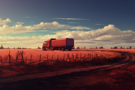 Red truck on the road in the field. 3D illustration.の素材