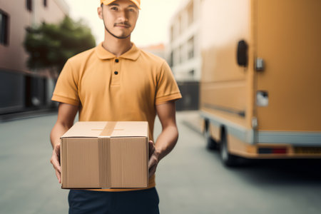 delivery man holding cardboard box on blurred background of truck, delivery conceptの素材