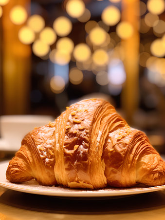 Fresh croissant on the table in a cafe. Selective focus.の素材