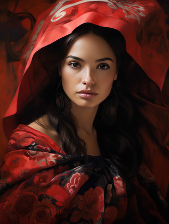 Portrait of a beautiful young brunette woman in a red scarf.の素材