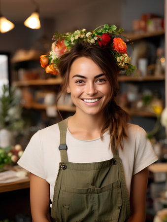 Portrait of young female florist in flower wreath at flower shopの素材