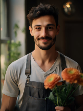 Portrait of a handsome young man florist in apron holding orange flowers.の素材
