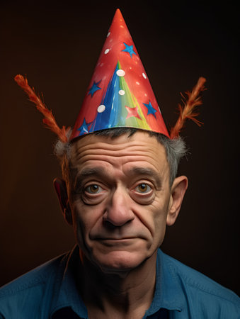 Portrait of an elderly man with party hat on a dark backgroundの素材
