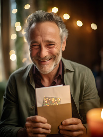 Portrait of a smiling senior man holding a gift box and looking at the camera.の素材