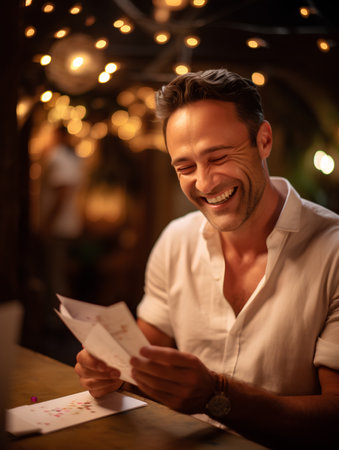 Handsome man reading a letter in a pub, smiling.の素材