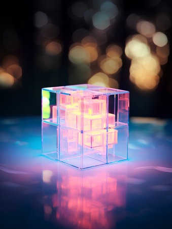 3d illustration of cube on a dark background with bokehの素材